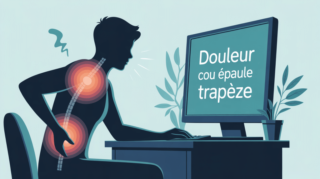 illustration douleur cou epaule trapeze devant écran