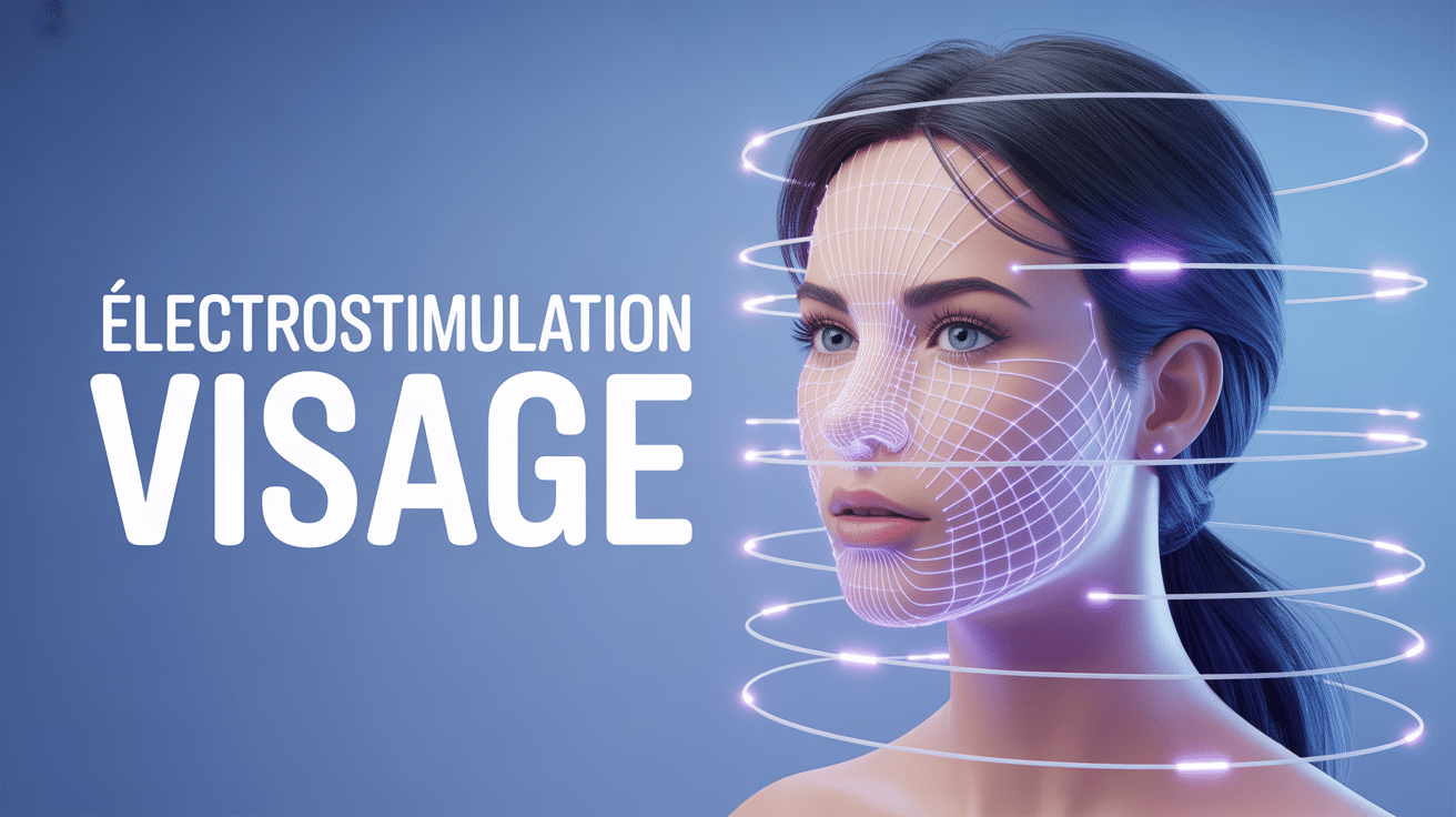 Visuel électrostimulation visage avis style 3D technologique