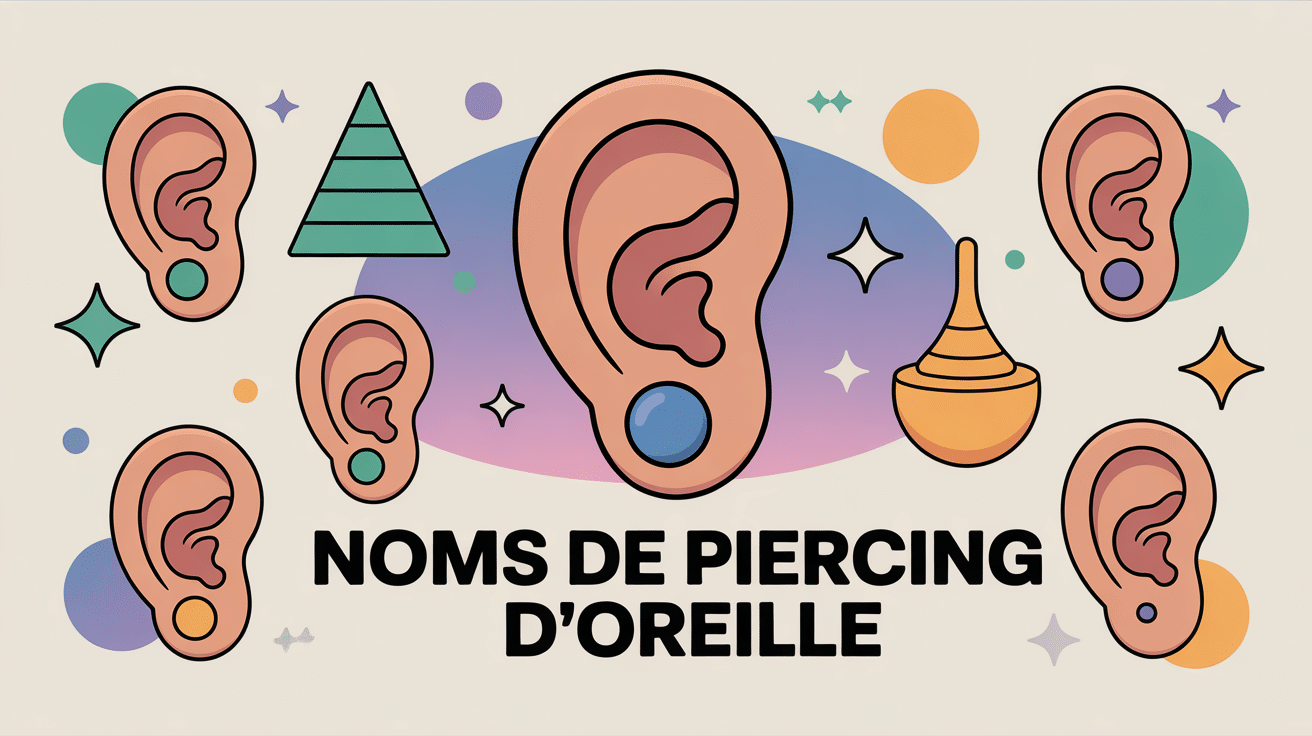 Schéma coloré montrant chaque nom de piercing oreille sur illustration centrale