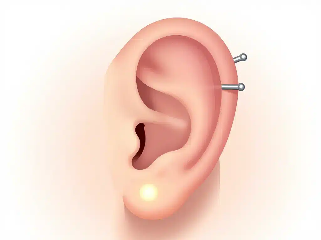 Zoom sur cartilage externe avec noms de piercing oreille en points lumineux