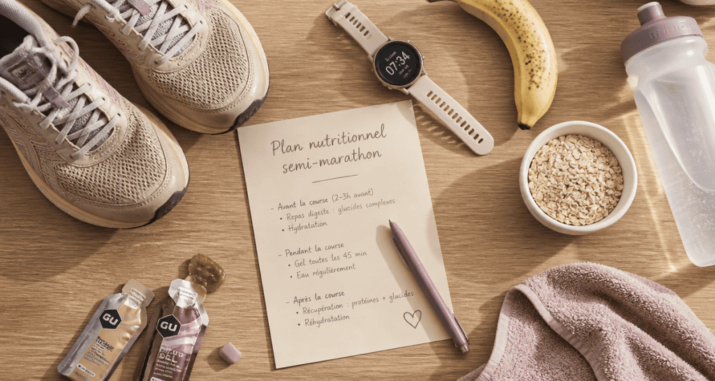 alimentation pour un semi marathon vue flat lay équipements