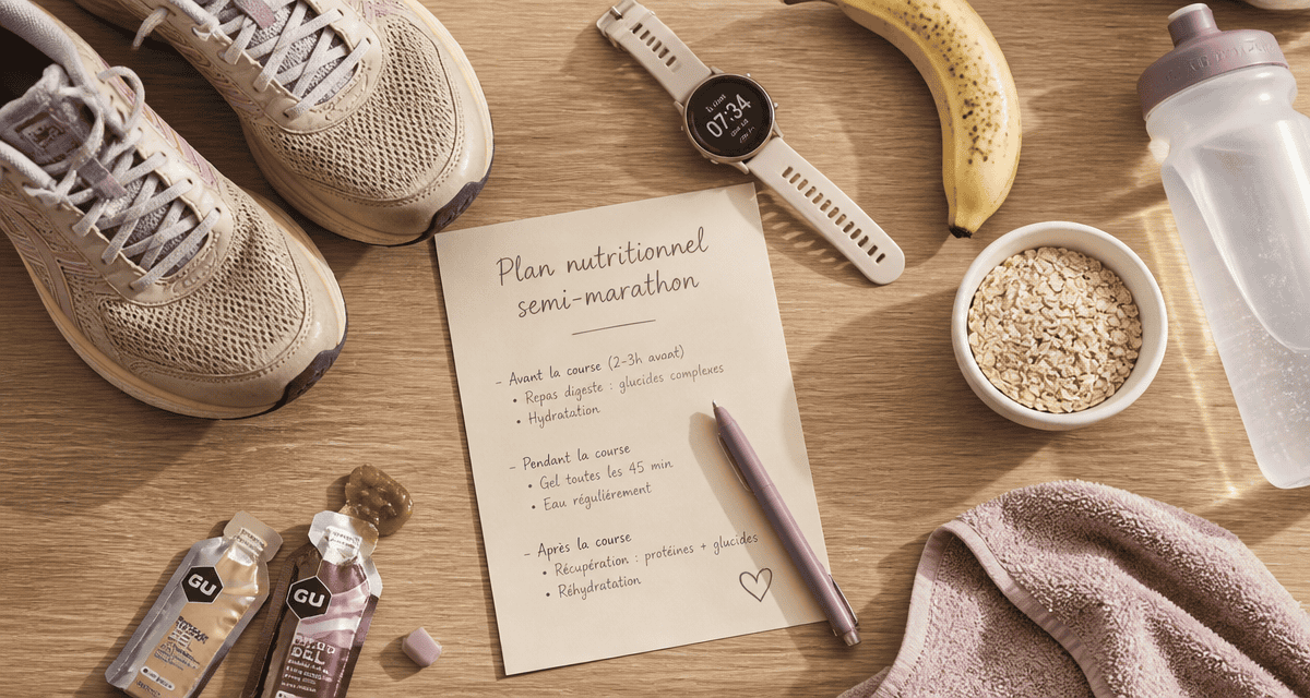 alimentation pour un semi marathon vue flat lay équipements