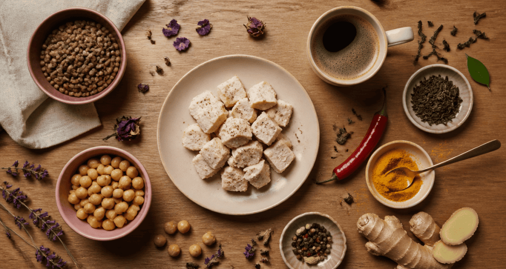 aliments qui boostent le métabolisme sur table en flat-lay