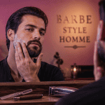 Barbe style homme sculptée devant miroir