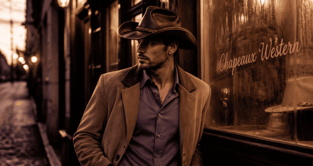 Homme élégant avec chapeau cowboy homme cuir