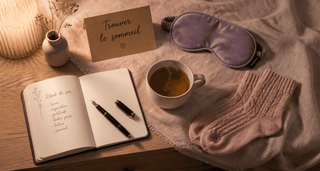 comment trouver le sommeil rapidement table de chevet tisane carnet masque nuit