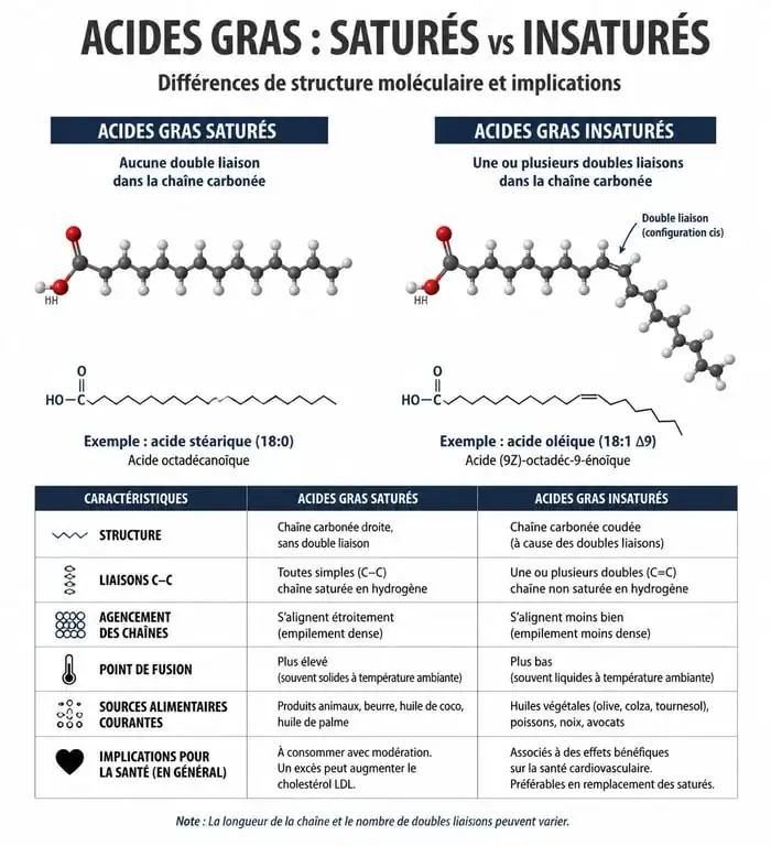 Comparaison structurelle et effets santé des acides gras saturés et insaturés