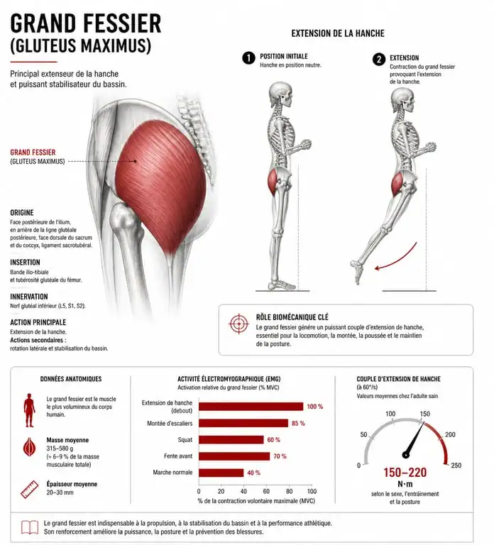Schéma anatomique du grand fessier et mouvement d'extension de la hanche pour muscler le grand fessier