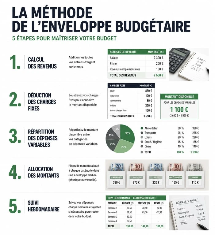 Infographie illustrant les 5 étapes de la méthode de l'enveloppe budgétaire pour gérer ses finances personnelles.