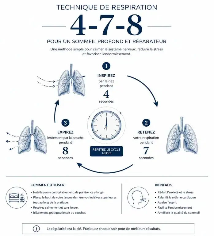 Infographie technique de respiration 4-7-8 pour trouver le sommeil rapidement