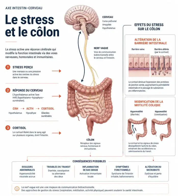 Schéma explicatif de l'impact du stress sur la diverticulite et l'axe intestin-cerveau