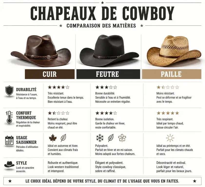 Comparatif des matières de chapeaux cowboy homme : cuir, feutre et paille
