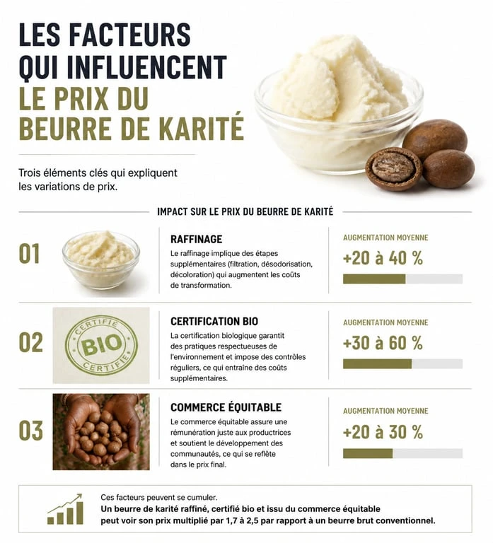 Infographie sur les facteurs influençant le prix du beurre de karité et la qualité du produit