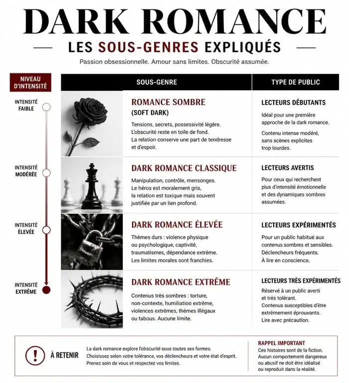 Infographie des meilleures dark romance : sous-genres, tropes et niveaux d'intensité.