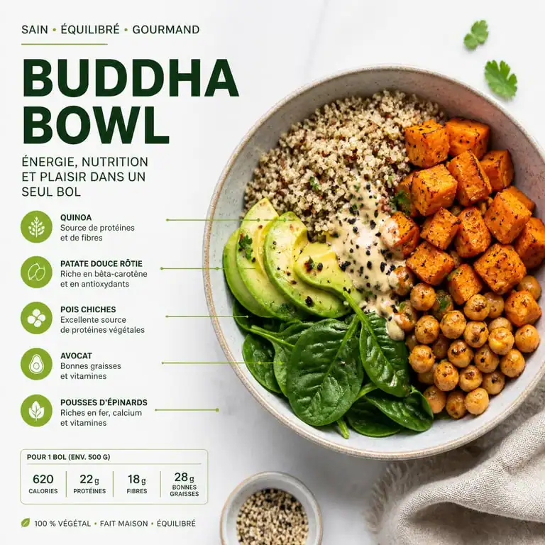 Buddha bowl sain et équilibré avec quinoa, patate douce et pois chiches pour une alimentation healthy