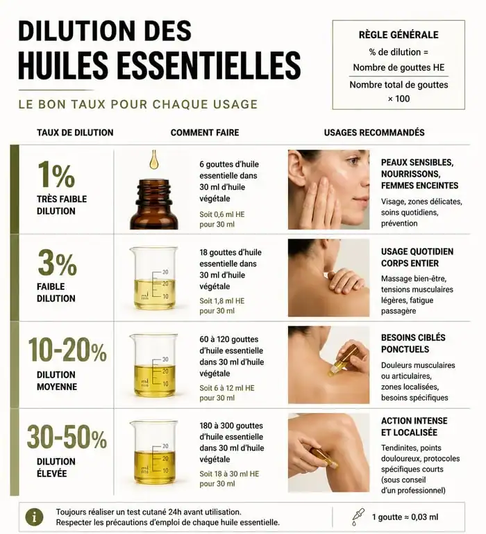 Infographie des taux de dilution des huiles essentielles pour une utilisation sécurisée