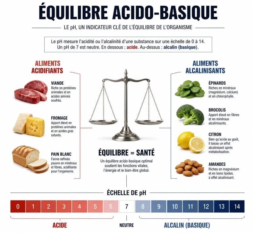 Infographie sur l'équilibre acido-basique et la classification des aliments acides ou basiques selon l'indice PRAL