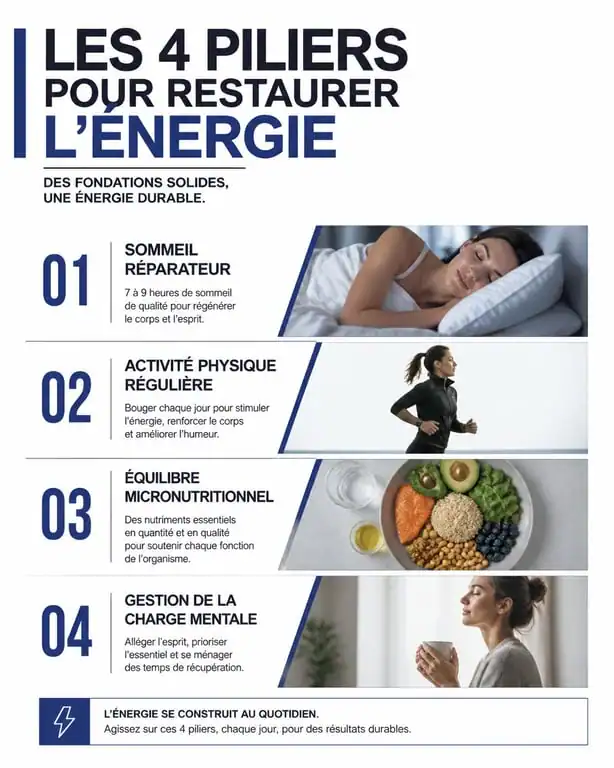 Infographie sur les 4 piliers pour lutter contre le manque d'énergie et retrouver sa vitalité