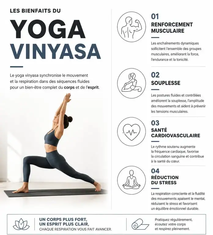 Infographie des bienfaits du yoga vinyasa pour la santé physique et mentale