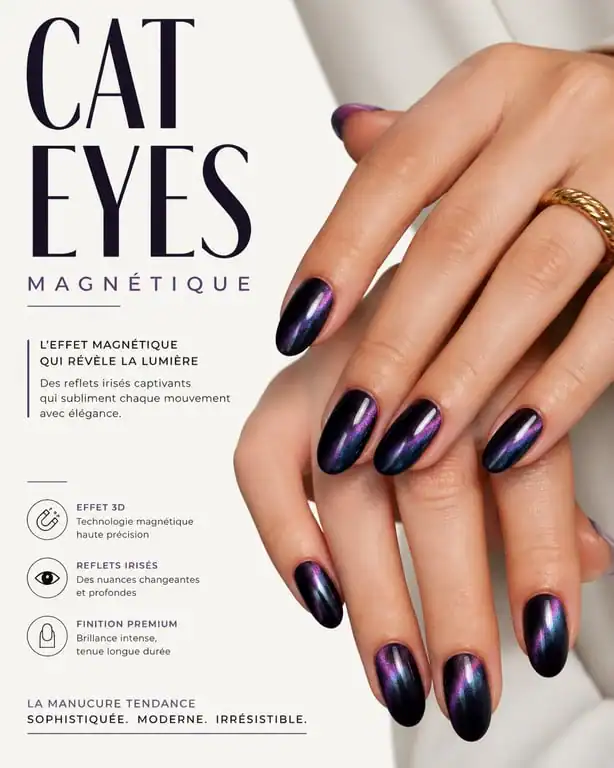 Manucure tendance avec effet Cat Eyes et reflets irisés pour illustrer les tendances vernis à ongles actuelles.