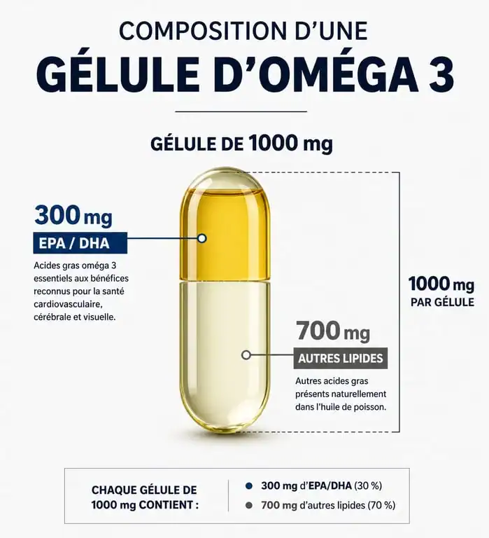 Infographie sur la concentration en EPA et DHA des gélules d'oméga 3 par jour