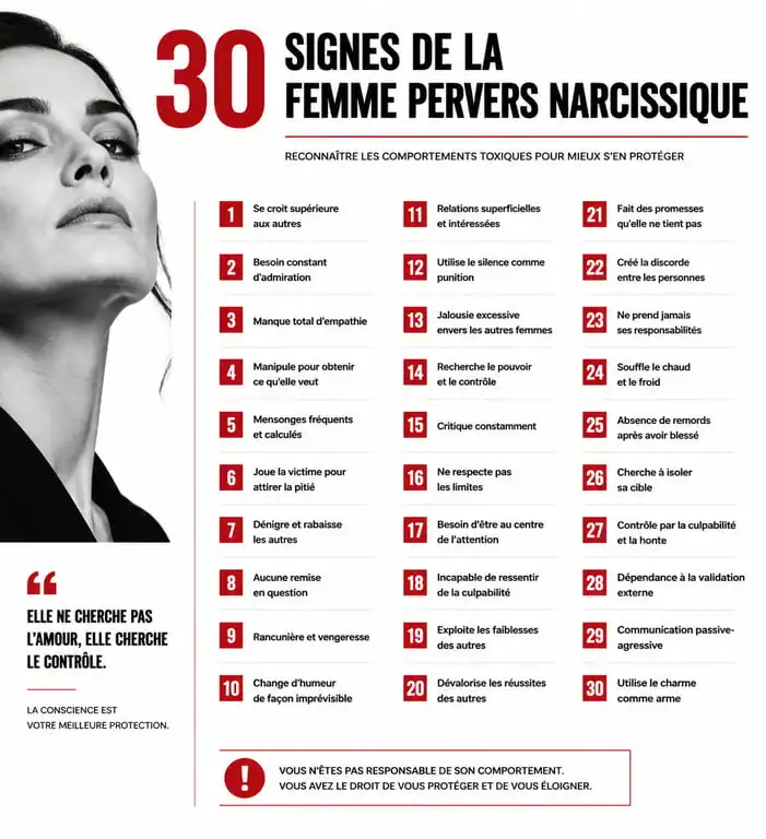 Infographie des 30 signes caractéristiques d'une femme pervers narcissique pour aider à l'identification