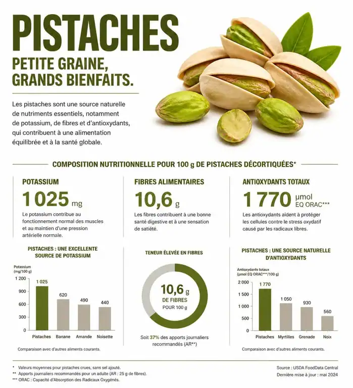 Infographie sur les bienfaits santé de la pistache : nutriments, potassium et antioxydants