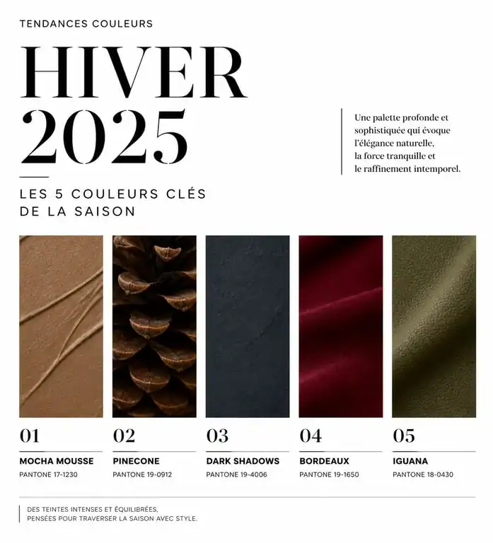 Nuancier des couleurs tendance mode hiver 2025 : Mocha Mousse, Pinecone, Dark Shadows, Bordeaux et vert Iguana.