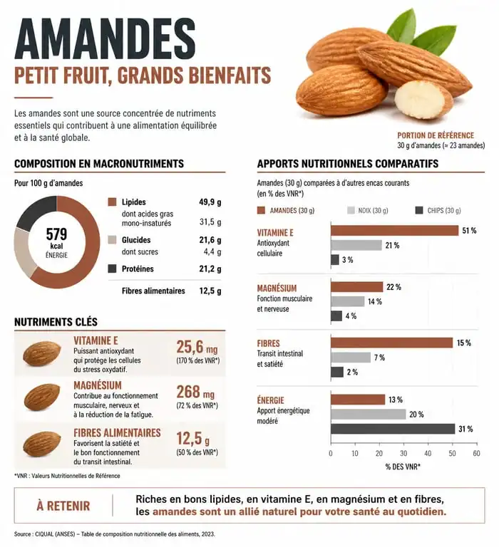 Infographie des bienfaits santé et valeurs nutritionnelles des amandes