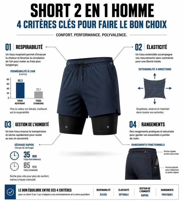 Infographie des critères techniques pour choisir son short 2 en 1 homme de sport