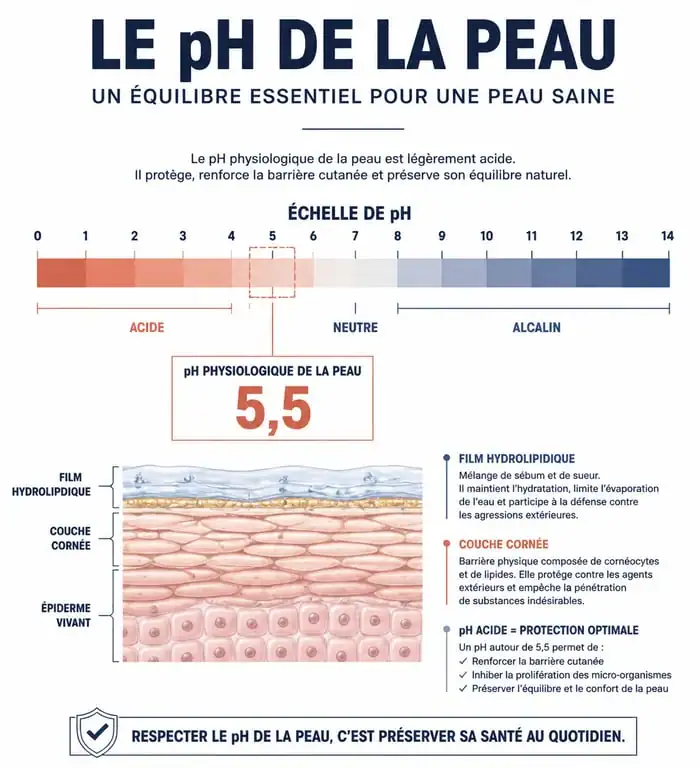 Infographie sur le pH physiologique de la peau et le meilleur gel douche pH neutre