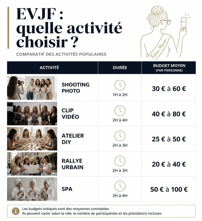 Infographie comparative des activités EVJF : budget et durée par type d'activité