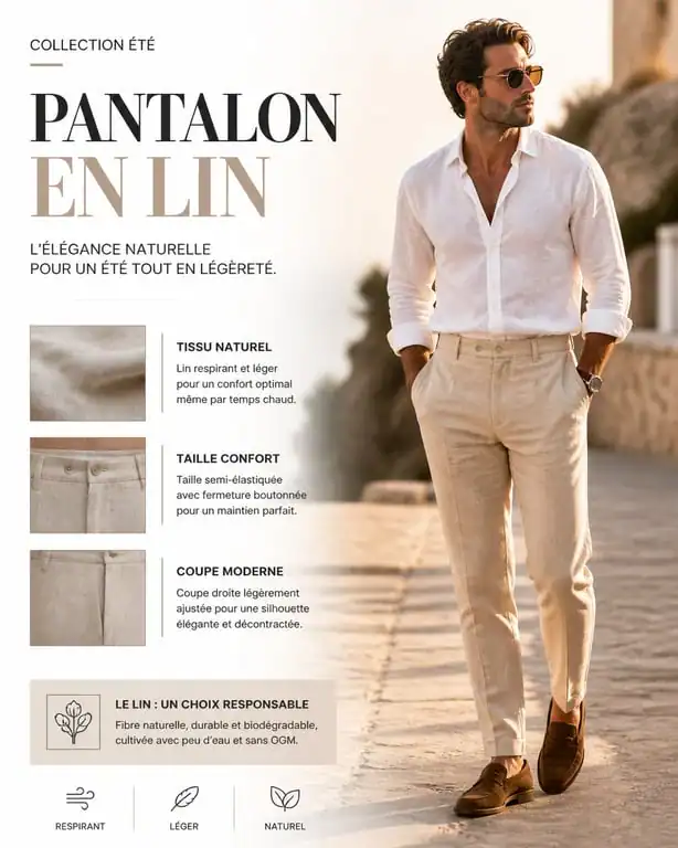 Homme portant un pantalon en lin beige élégant pour un look estival chic