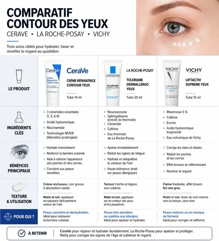 Infographie comparative des crèmes contour des yeux CeraVe, La Roche-Posay et Vichy pour le soin du regard