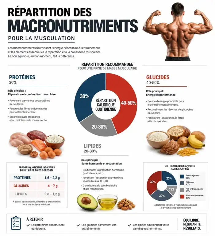 Infographie sur la répartition des macronutriments pour la musculation et la croissance musculaire