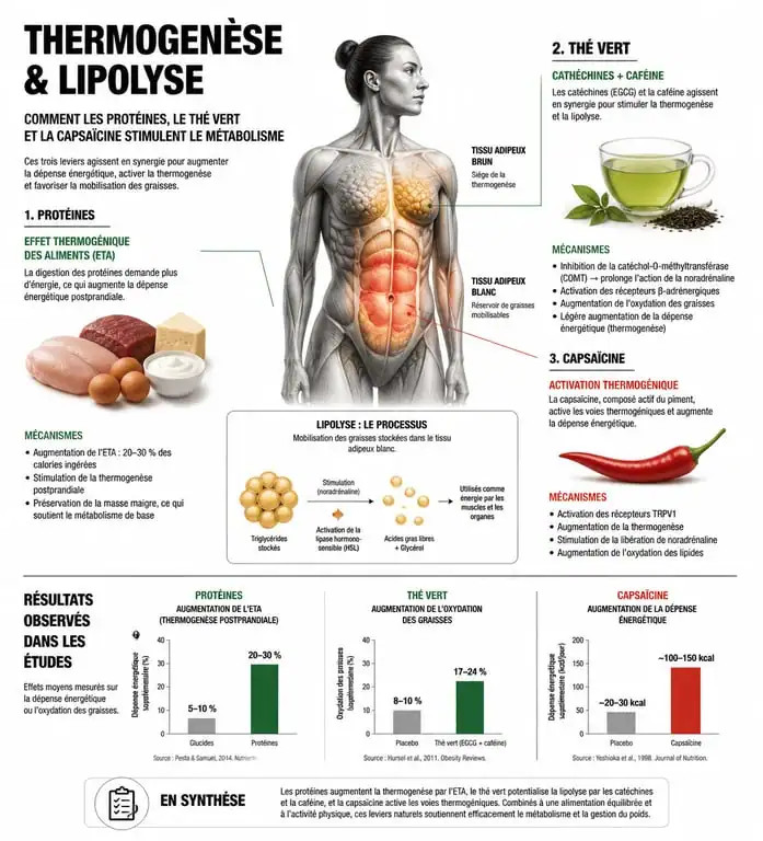 Infographie explicative sur les mécanismes des aliments brûle-graisse et la thermogenèse