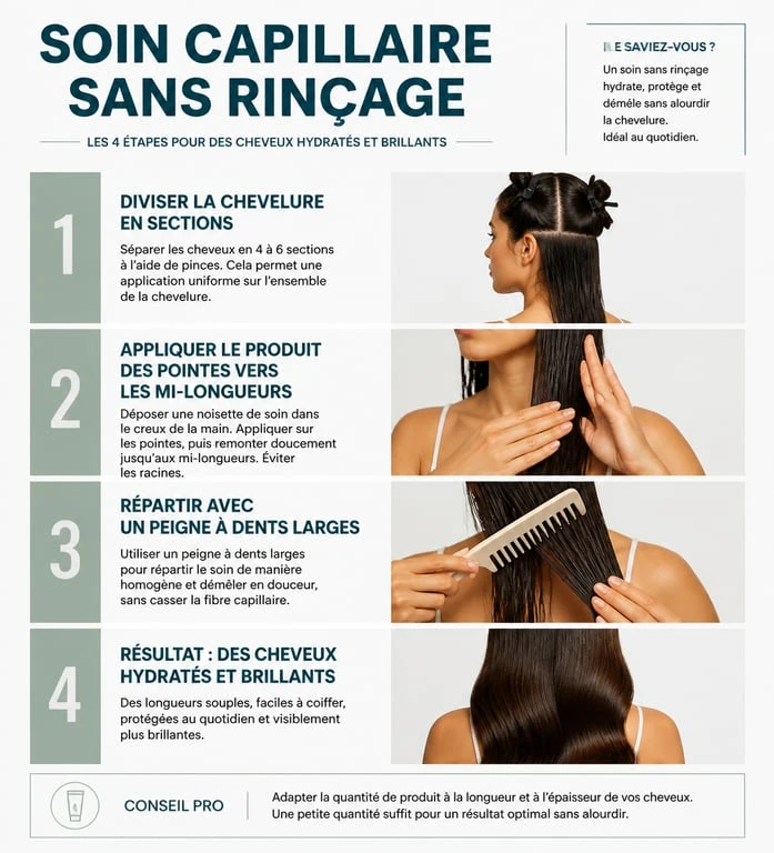 Infographie illustrant comment hydrater ses cheveux sans rinçage par étapes