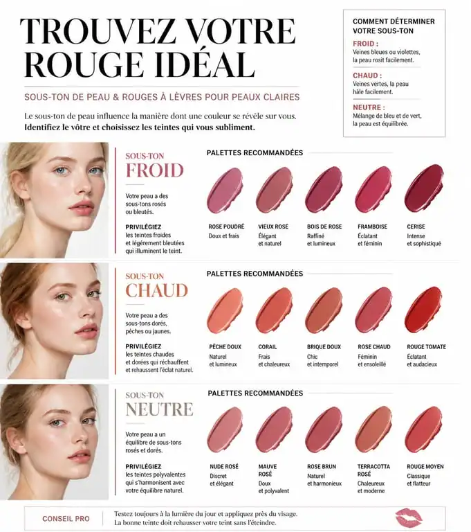 Infographie des couleurs de rouge à lèvres idéales pour peau claire selon les sous-tons