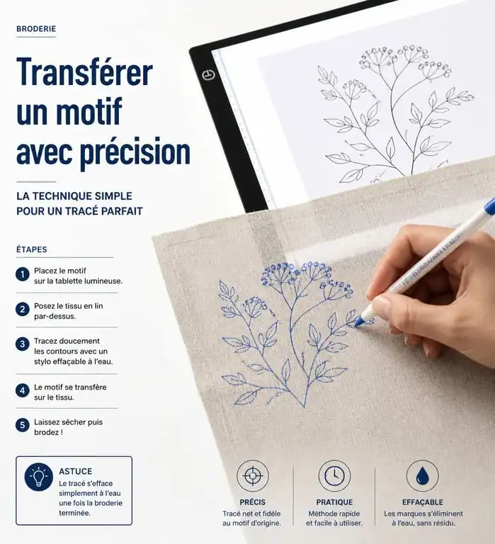 Transfert d'un motif broderie main gratuit pdf sur tissu via une tablette lumineuse