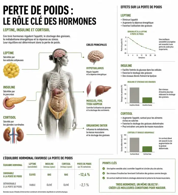 Infographie expliquant le rôle de la leptine, de l'insuline et du cortisol dans la stagnation du poids