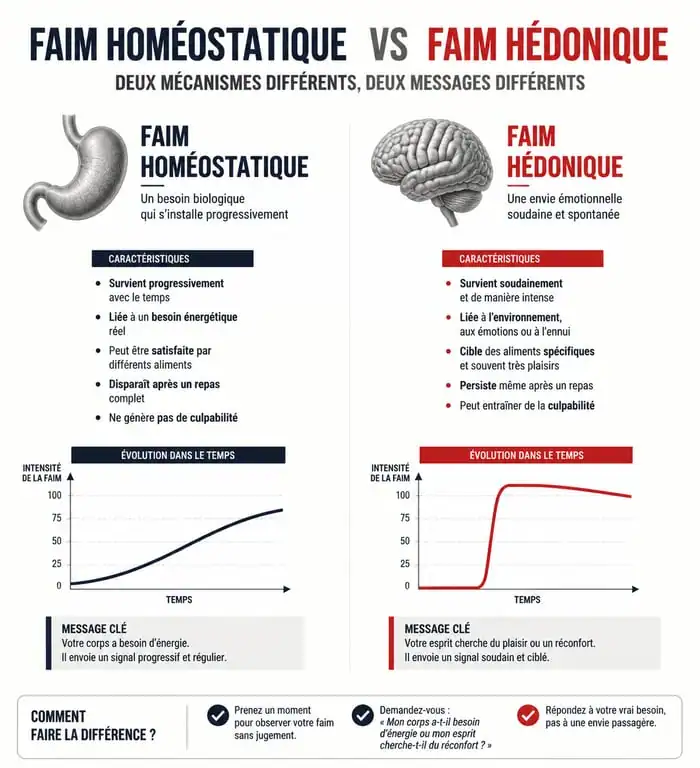 Infographie expliquant la différence entre la faim physiologique et la faim émotionnelle pour mieux comprendre comment arrêter de manger de façon compulsive.