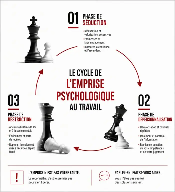Infographie sur le cycle de l'emprise psychologique du pervers narcissique au travail