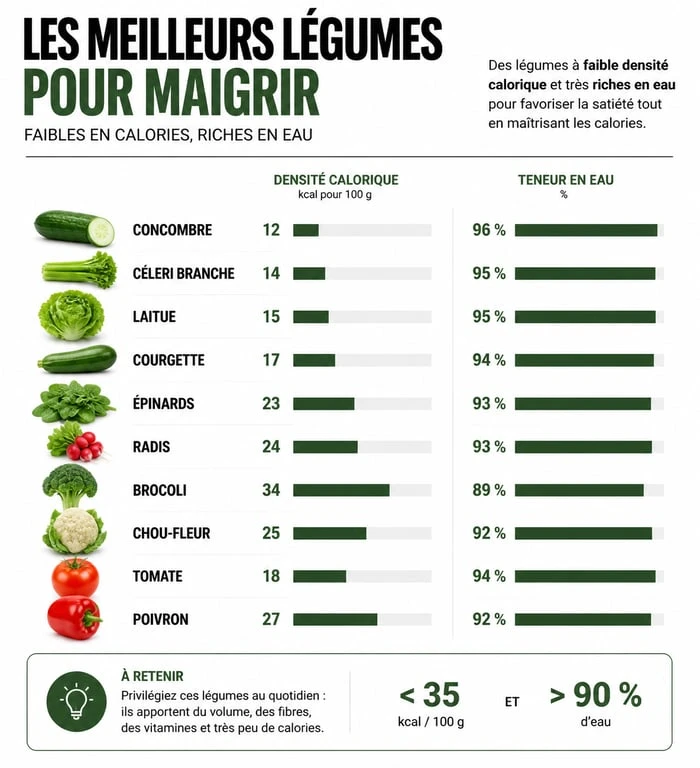 Infographie sur les meilleurs légumes pour maigrir et leurs bienfaits nutritionnels