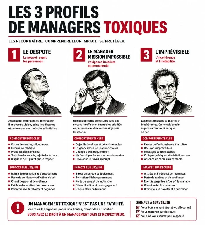 Infographie des 3 profils de management toxique : despote, mission impossible et imprévisible