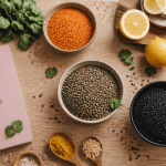 lentilles bon pour la sante en bols avec epices et carnet