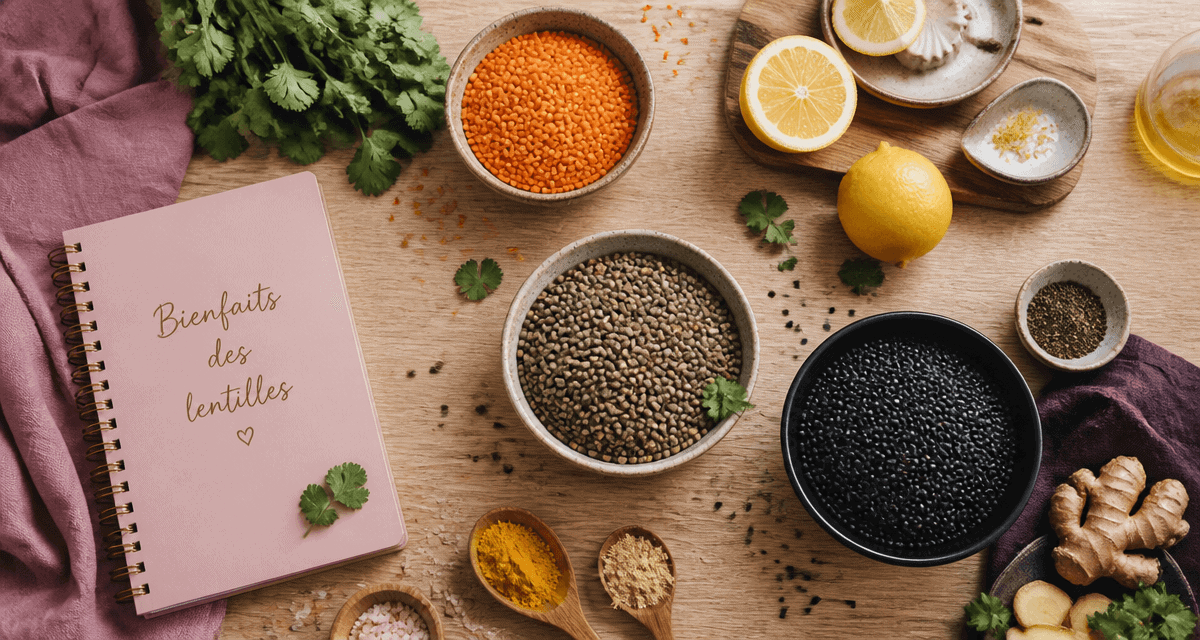 lentilles bon pour la sante en bols avec epices et carnet