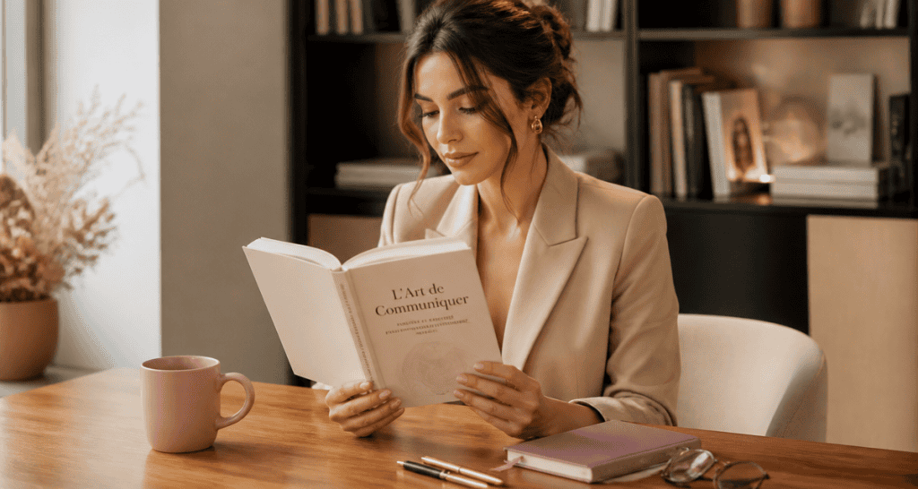 Jeune femme lit un livre sur la communication