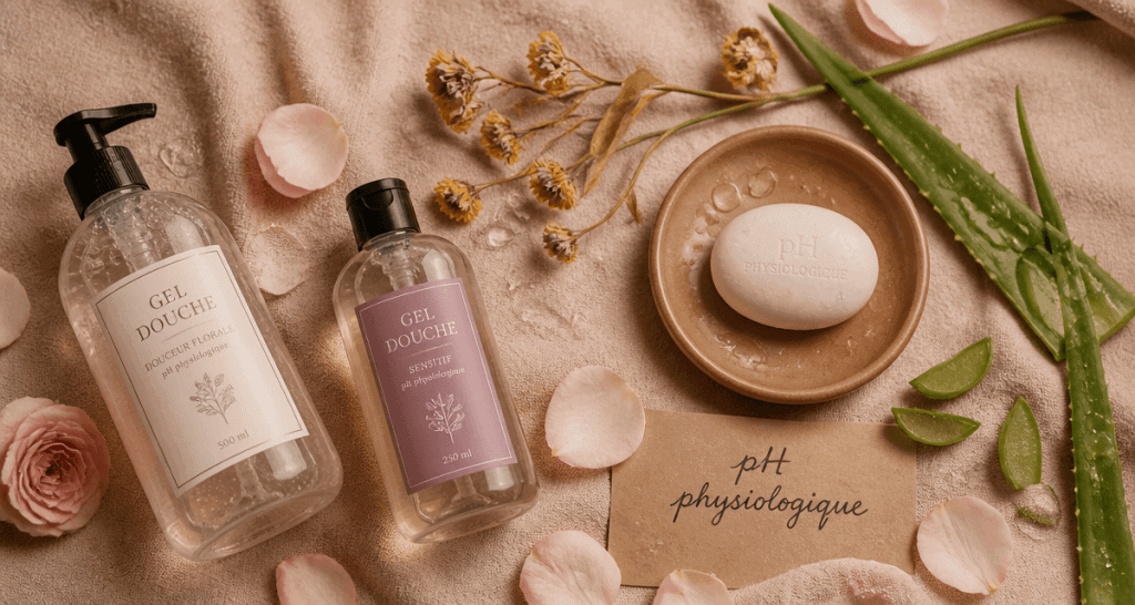 Meilleur gel douche pH neutre sur serviette avec galet et pétales