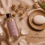 Meilleur gel douche pH neutre sur serviette avec galet et pétales
