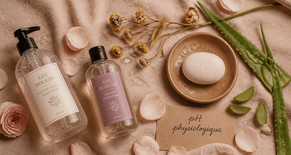 Meilleur gel douche pH neutre sur serviette avec galet et pétales
